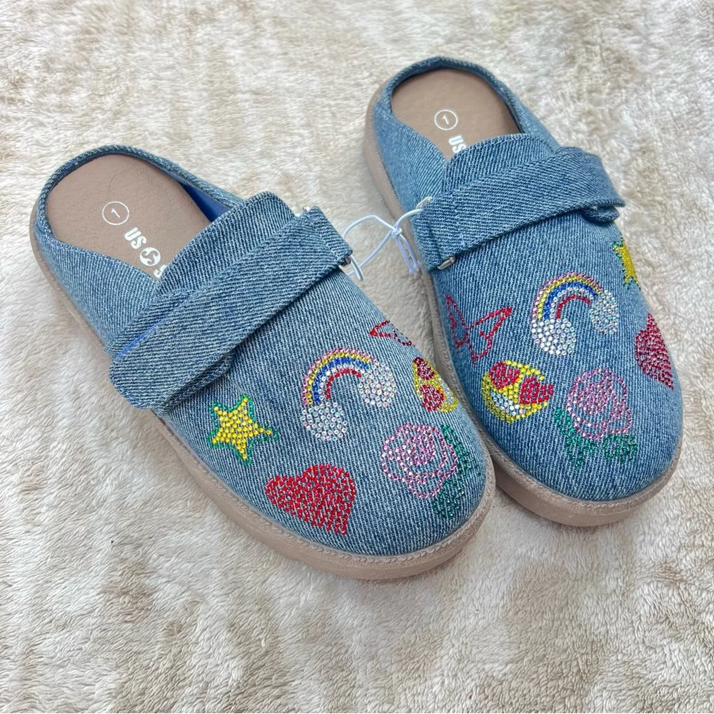 Kids Denim Slip-On Clogs with Colorful size 1